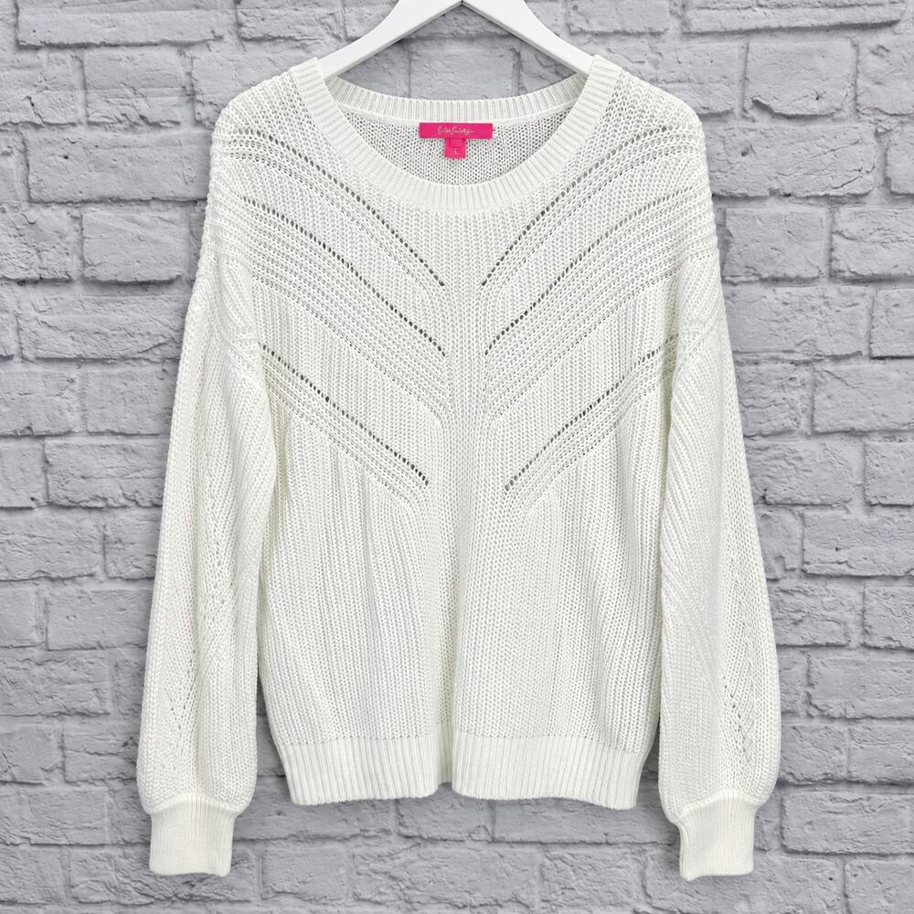 Lilly Pulitzer Bristow Cotton Sweater Size L White Knit V Detail